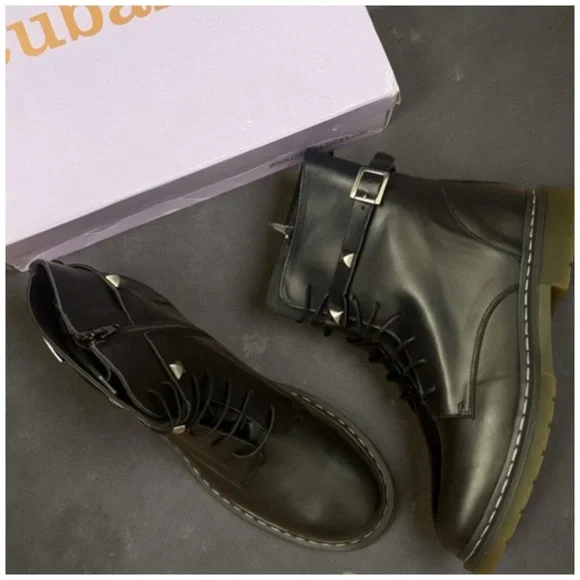 CUBANAS • Black Leather Combat Boots Includes Box - Picture 8 of 10
